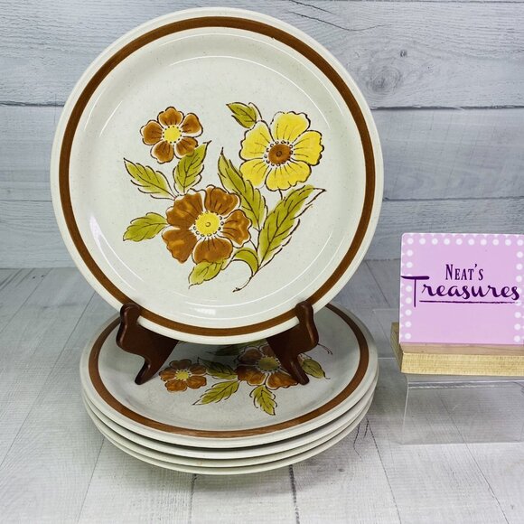 Retro 70s Bonsai Collection RIVERCHASE Beige Speckled Floral Dinner Plate Set 5